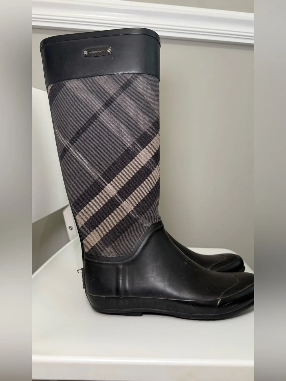 Burberry Black and Beige Plaid Over-the-Knee Rain Boots